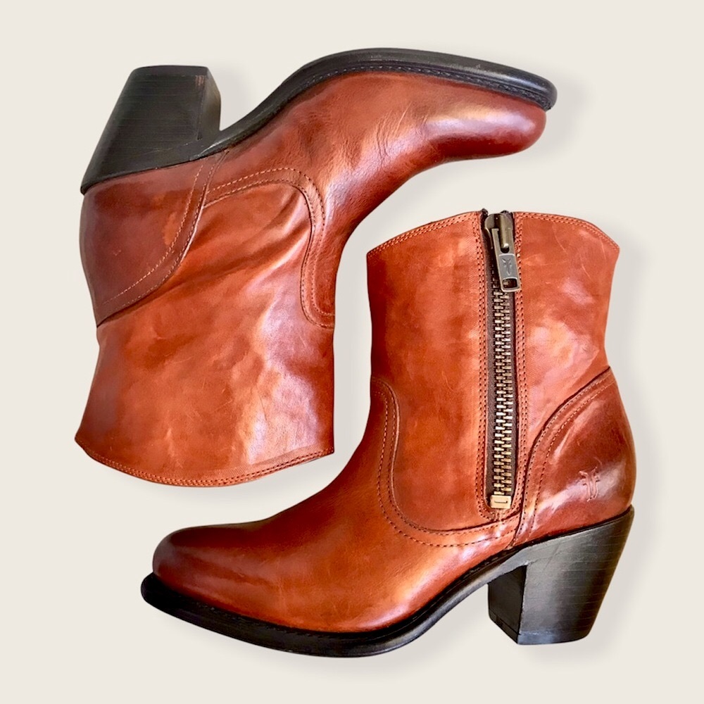 Frye Leslie Zip Cognac Genuine Leather Fall/Winter/Spring Heeled Ankle Booties - Picture 5 of 14